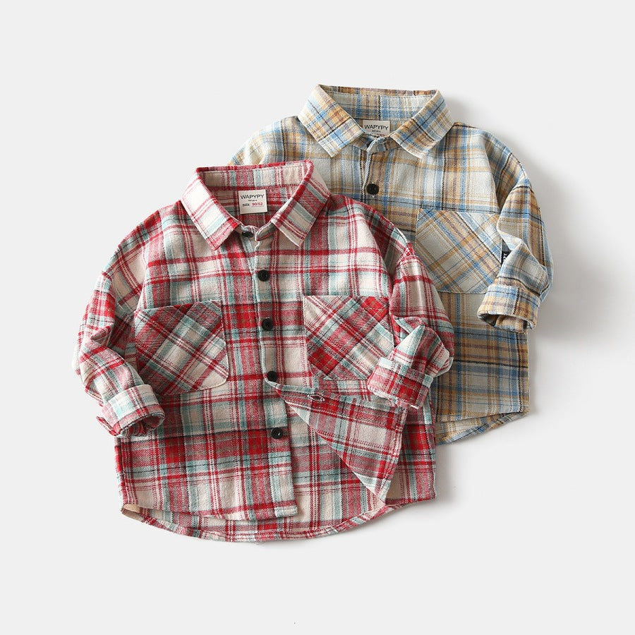 Kids Plaid Double Pocket Shirt Long Sleeve Autumn
