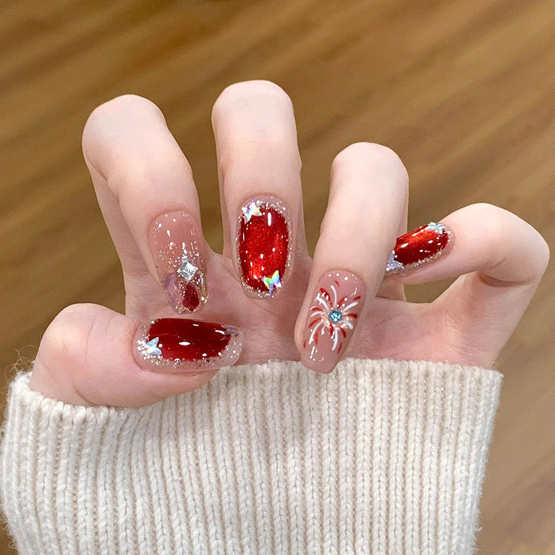 Confession Fireworks Red Handmade Fake Nail Patch – New Year