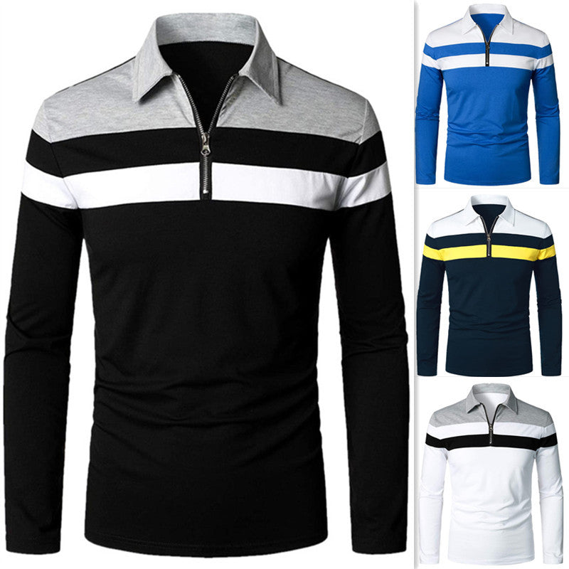 Men’s Long Sleeve Slim Polo Shirt Contrasting Stitching