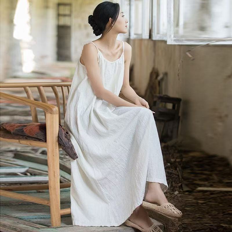 Women's Ramie Tie-Dye Adjustable Strap Maxi Dress