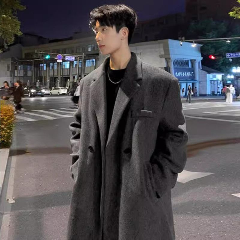STOCK-Men’s Mid-Length Woolen Coat Thickened Autumn Winter Jacket