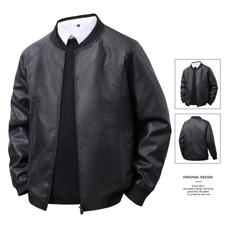 STOCK-Men’s PU Leather Jacket – Retro Baseball Collar Slim Fit