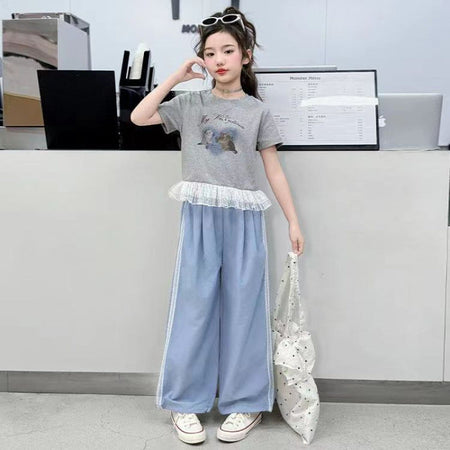 Girls Lace Cartoon T-Shirt Set – Summer Wide-Leg Outfit – Outfit Sets – Image 6