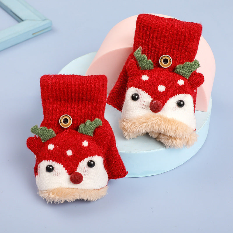 Kids Knitted Christmas Gloves Fleece-Lined Warm Half-Finger