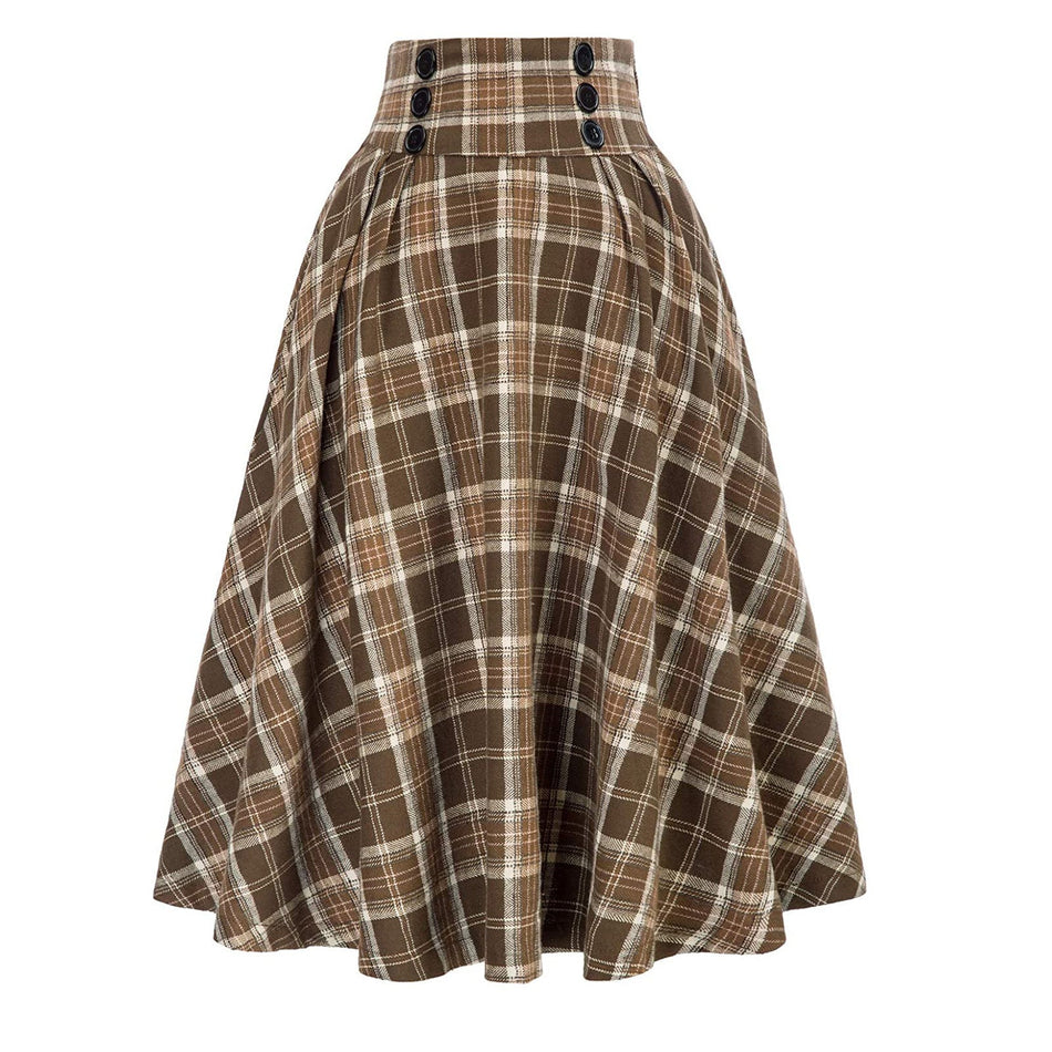 High-Waist Plaid A-Line Swing Skirt – Autumn Winter