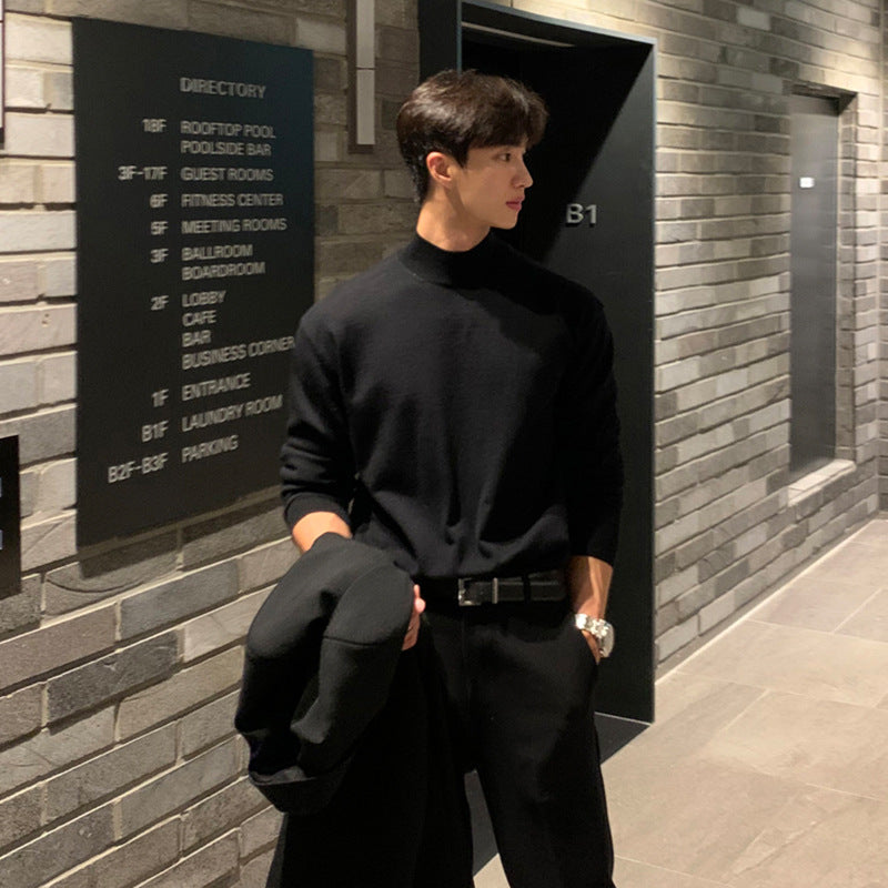 Men's Solid Color Semi-Turtleneck Loose Knit Base Shirt