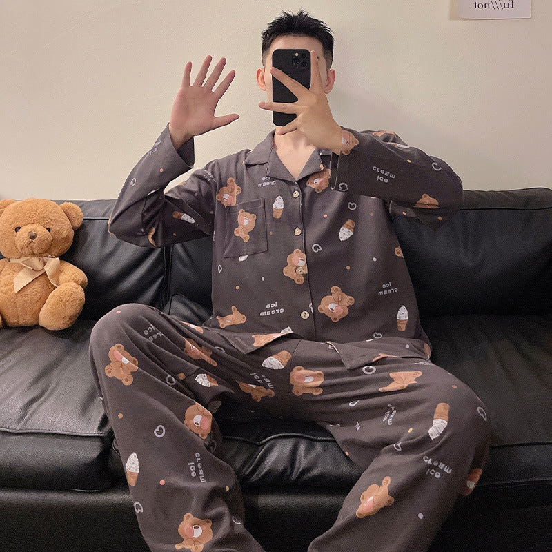 Men’s Polyester Pajama Set Lapel Cardigan Long Sleeve Homewear