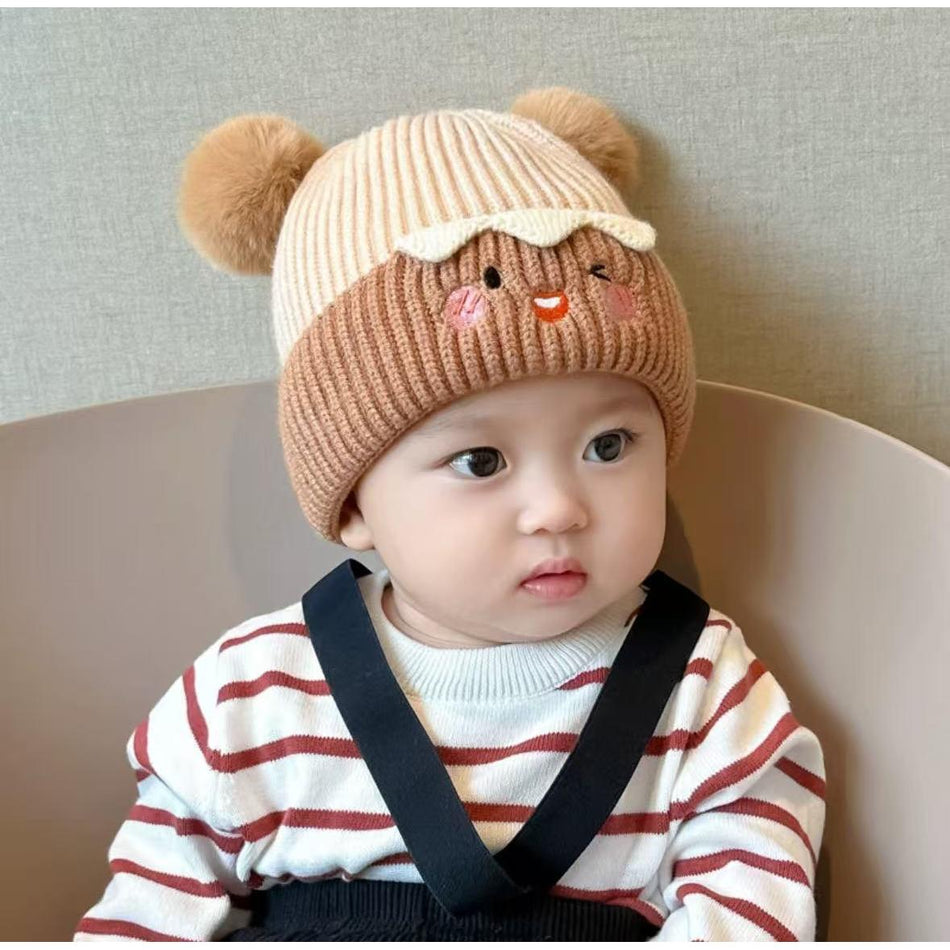 Baby Knit Wool Hat with Ear Protection & Fur Ball