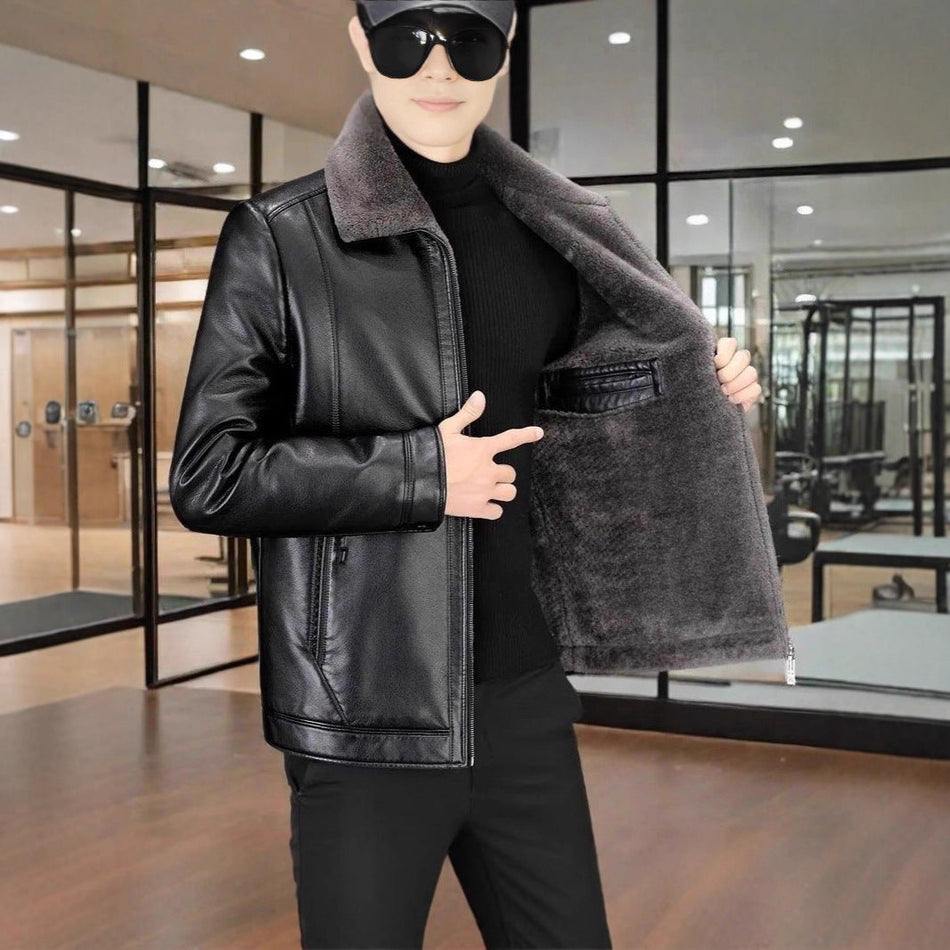 Men’s High-End Winter Leather Jacket Plus Velvet Thick Coat