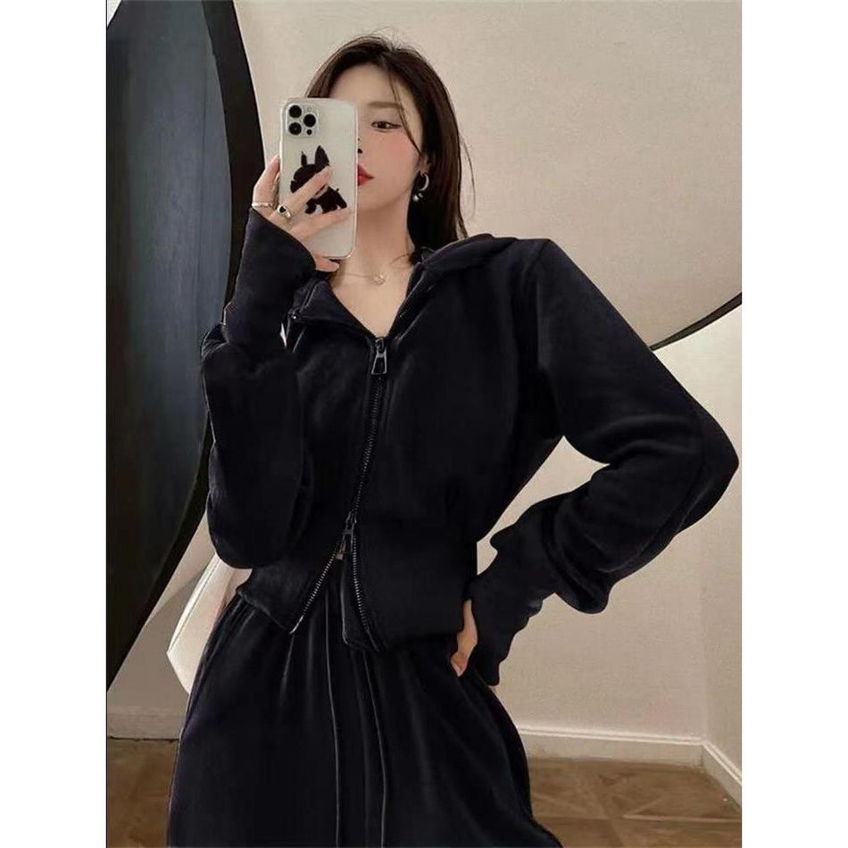 Korean Style 2-Piece Set – Zipper Sweater & Wide Pants 👟🧥