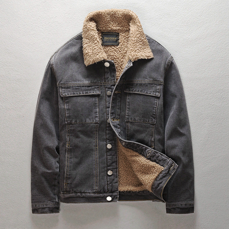STOCK-Men's Black Denim Jacket Fleece-Lined Thickened Fur Collar