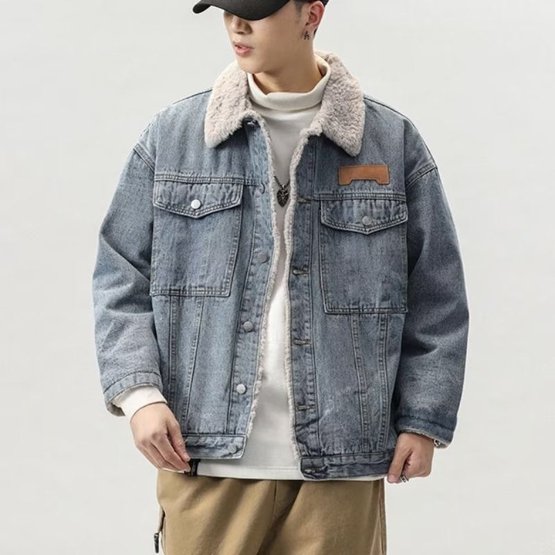 Men’s Winter Denim Jacket | Japanese Korean Style Fleece Fur