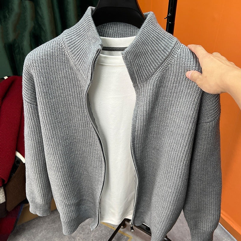 Versatile Solid Color Zipper Cardigan Men's Slim Knit Jacket