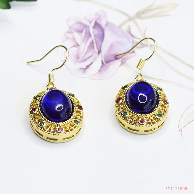 Aiyu French Retro Blue Glass Earrings – Elegant Women’s Jewelry