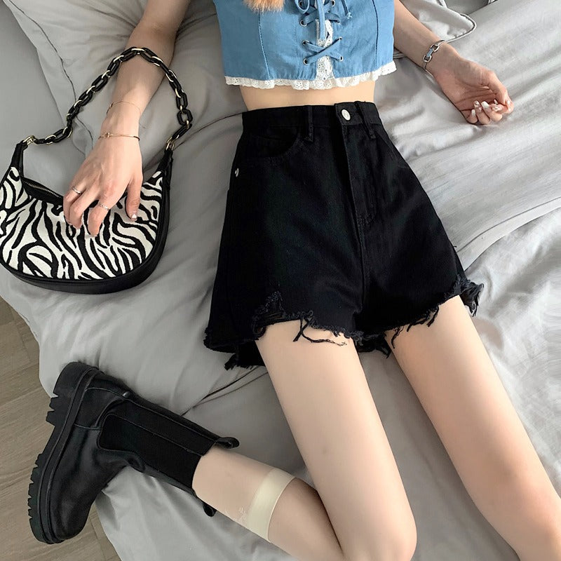 Black High-Waist Ripped Korean Style Denim Shorts Women Chic