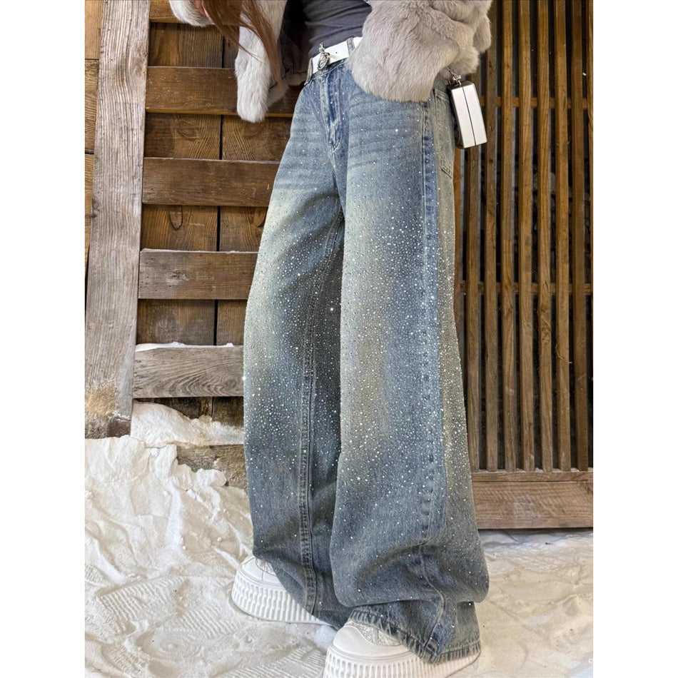 Light Blue Fleece-Lined Wide-Leg Jeans