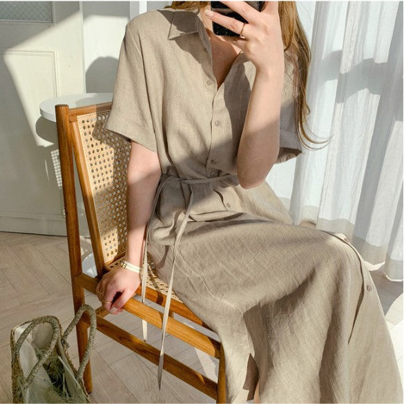 Linen Shirt Dress – Loose Fit with Lace-Up Waist & Short Sleeves