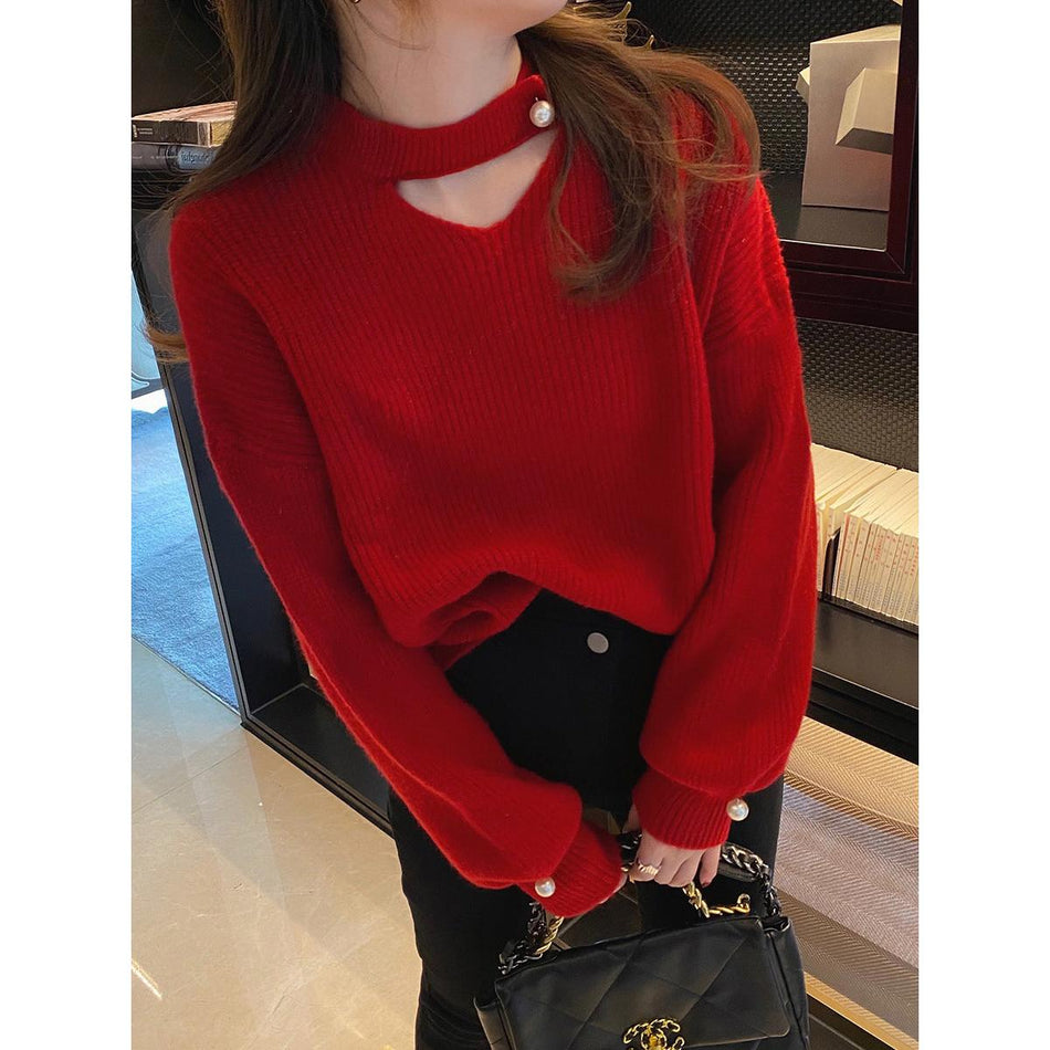 Women’s Korean-Style V-Neck Puff Sleeve Sweater