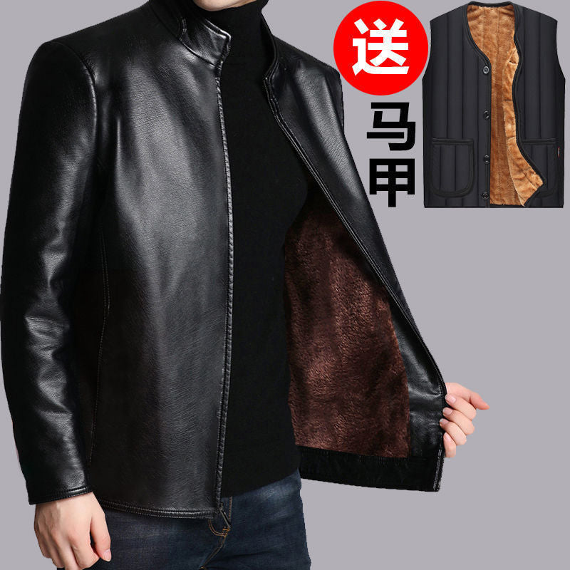 STOCK-Men’s Velvet Thickened Leather Jacket Winter Large Size