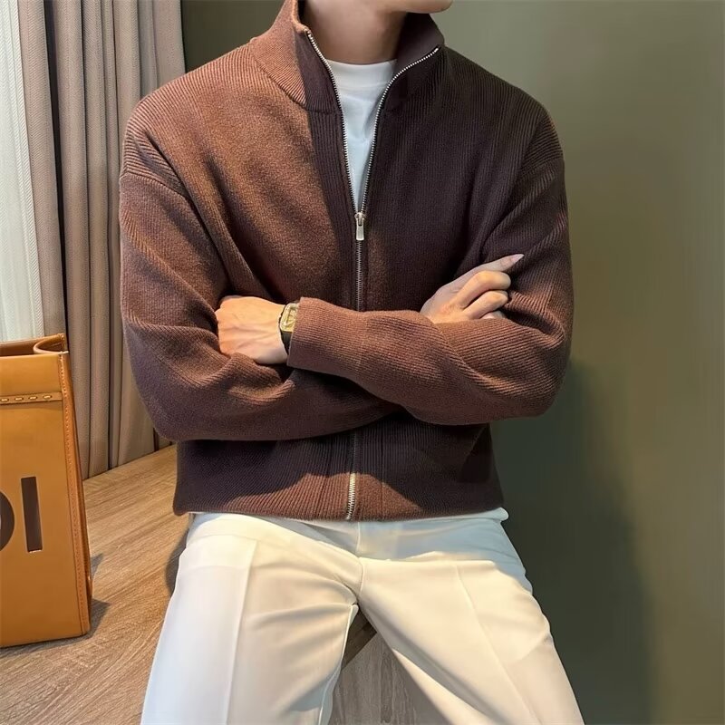 All-Match Solid Color Zipper Cardigan Men's Slim Knit Jacket