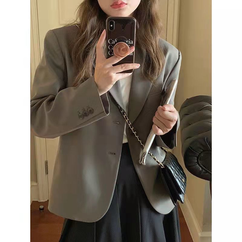 STOCK-British Style Gray Short Suit Jacket for Women Casual Wear