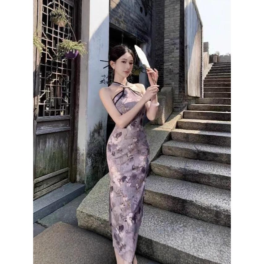 Elegant Chinese Style Halter Cheongsam Slim Split Dress