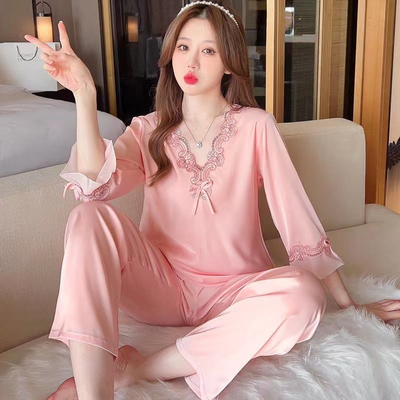 Satin Lace Long Sleeve Pajama Set for Women