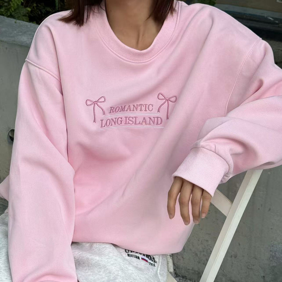 Women’s Autumn Pink Bow Embroidered Sweatshirt