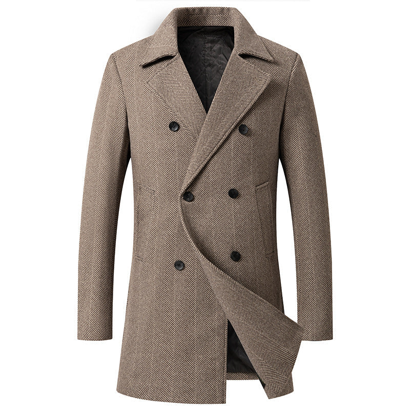 Men’s Plaid Wool Coat – Mid-Length Double-Breasted European