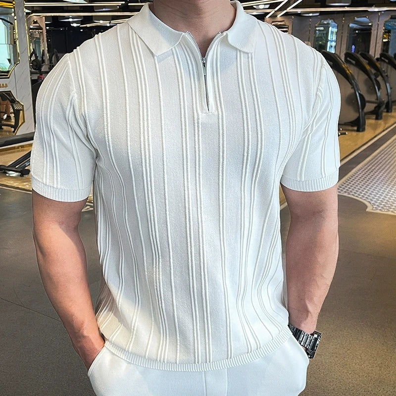 Men's Summer Half-Zip Short-Sleeved Slim Pure Color Lapel Shirt