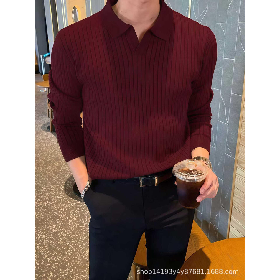 Men's Lapel Knitted Sweater Long Sleeve Casual Shirt