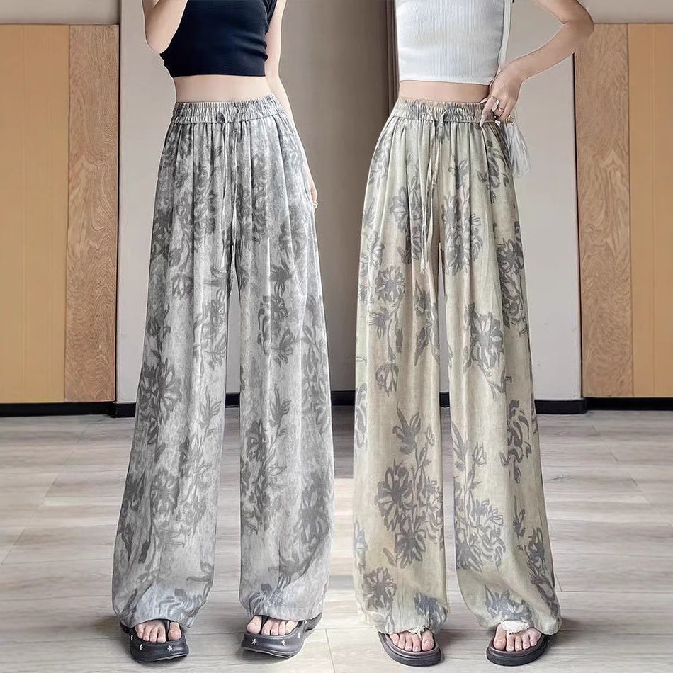 Celadon Flower Ice Silk Pants