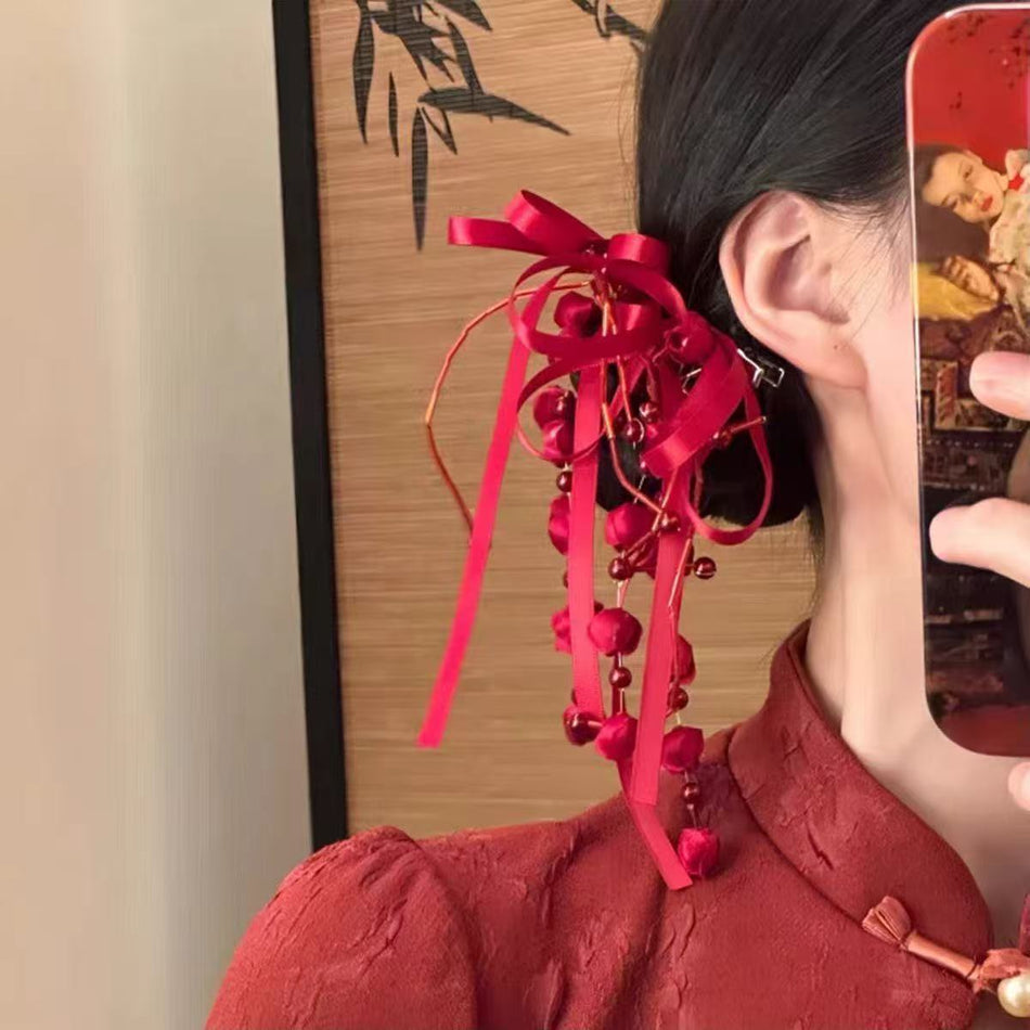 Red Knot Flower Chinoiserie Bow Hairpin
