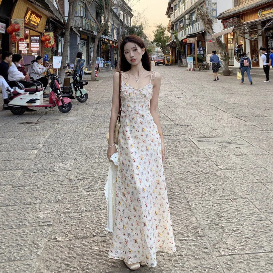 STOCK-French White Floral Suspender Summer Long Dress