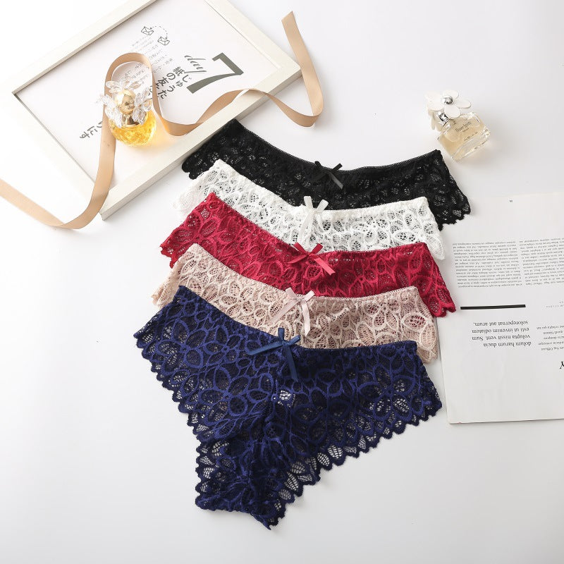 PACK OF 5-Women’s Lace Low-Waist Cotton Briefs Sexy Bow Cut-Out