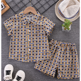 Instock- Short-sleeved suit boys' printed shirt two-piece set