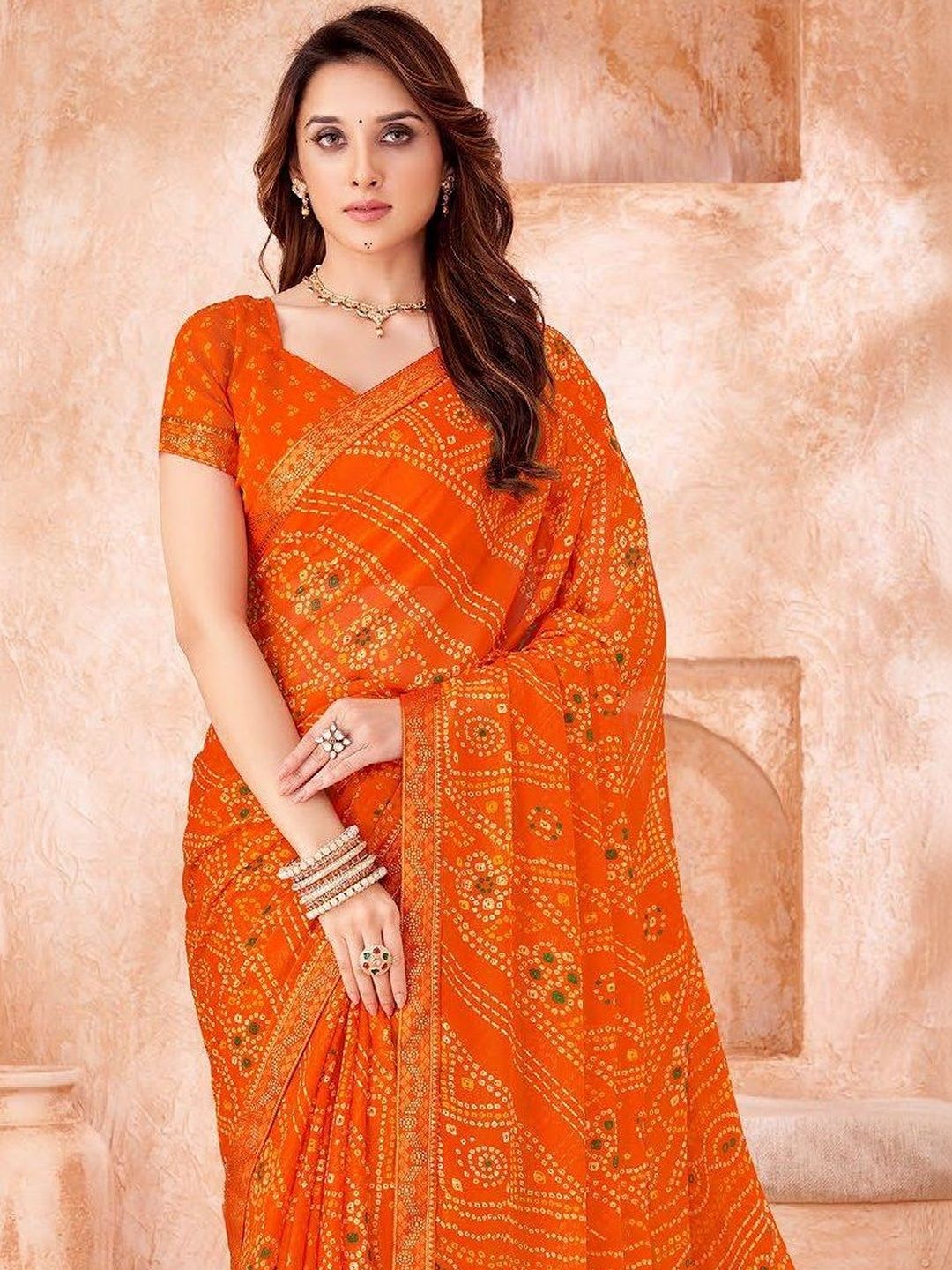 Bandhani Zari Pure Chiffon Bandhani Saree, Orange – Tudoholic