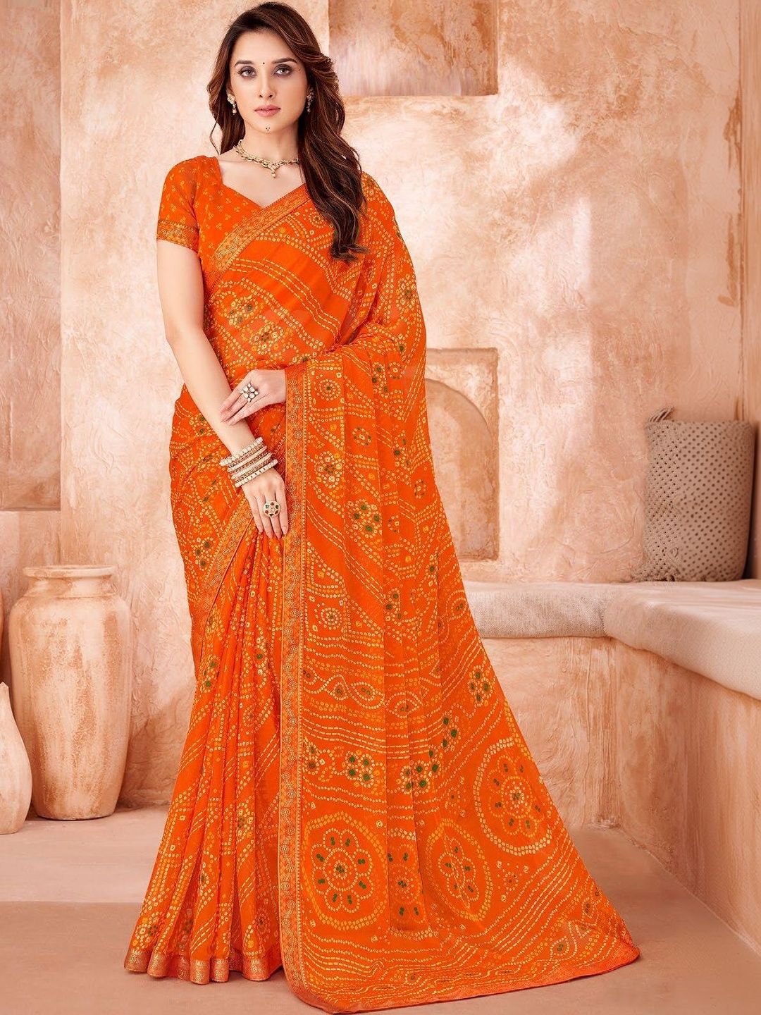 Bandhani Zari Pure Chiffon Bandhani Saree, Orange – Tudoholic